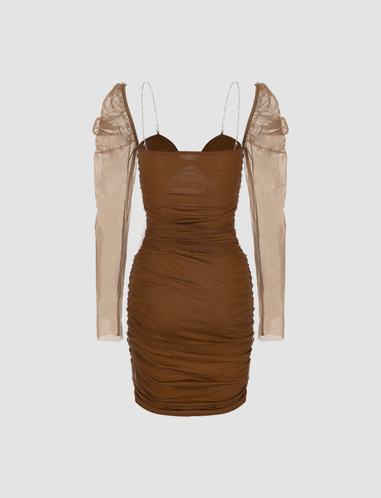 Brown Mesh Ruched Summer Bodycon Cami Dress For