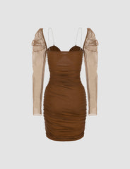 Brown Mesh Ruched Summer Bodycon Cami Dress For