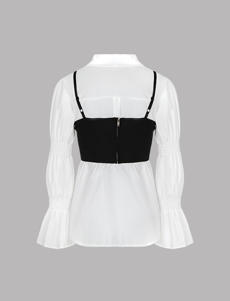 Black Irregular Camisole&White Puff Sleeve Blouse Set