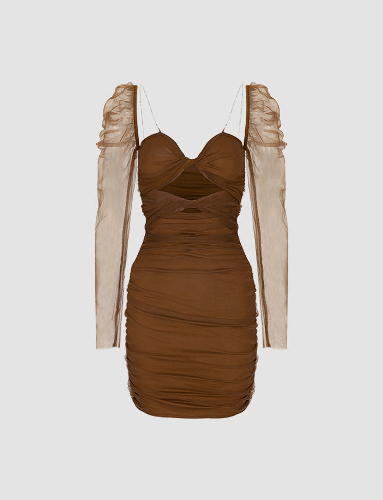 Brown Mesh Ruched Summer Bodycon Cami Dress For