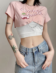 Cherry Letter Print Paneled Crop Top