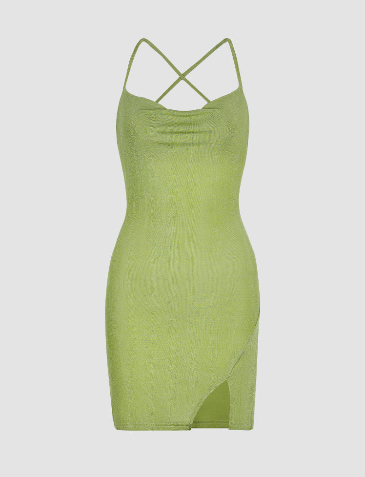 Cowl Neck Halter Slit Side Mini Dress