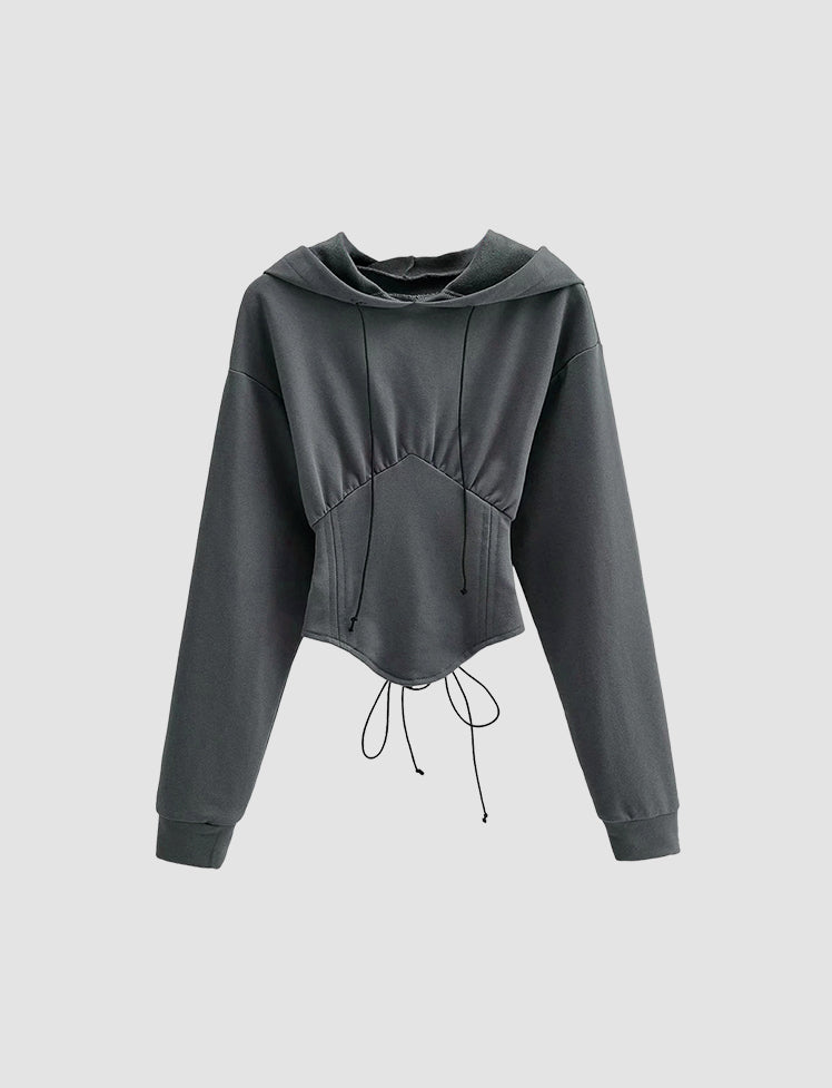 Solid Crop Hooded Tie Sweatshirt