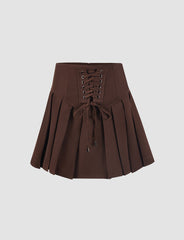 Solid Lace Up Brown High Waisted Pleated Mini Skirt