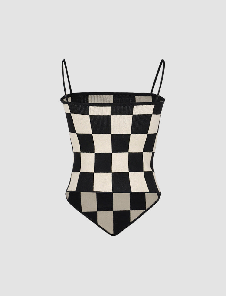 Black Crop Blouse Top&Checkerboard Cami Vest Two-piece Set