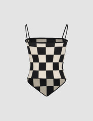 Black Crop Blouse Top&Checkerboard Cami Vest Two-piece Set