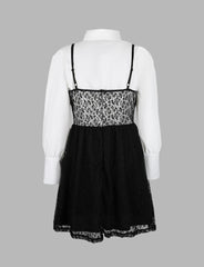 Black Lace Cami Dress&White Tie Blouse Set