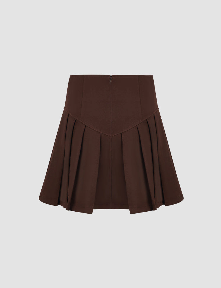 Solid Lace Up Brown High Waisted Pleated Mini Skirt