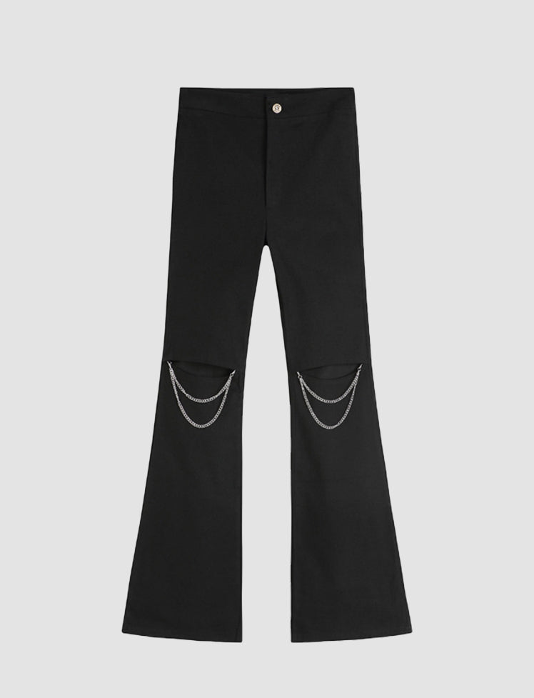 Black micro-elastic chain ripped flared pants