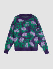 Vintage Flower Purple   Pullover Knit Crew Neck Sweater