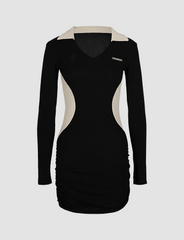 Black Color Block Polo Collar Dress