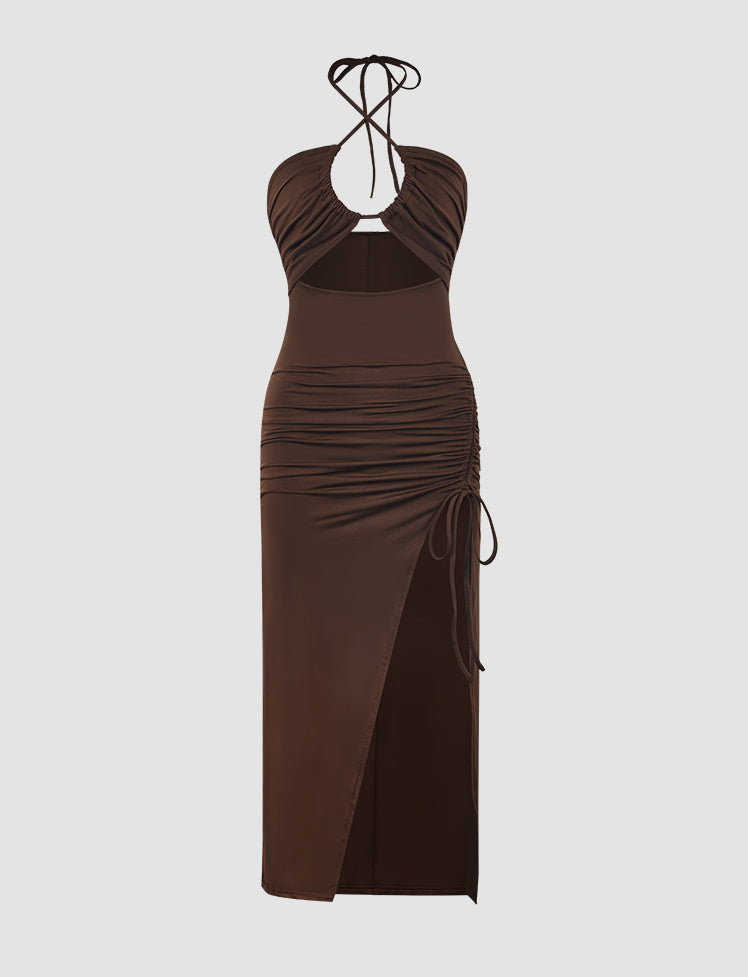 Drawstring Halter Slit Dress