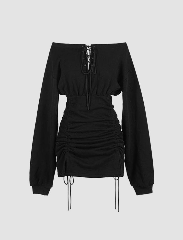 Black Off-The-Shoulder Drawstring Ruched Dress For