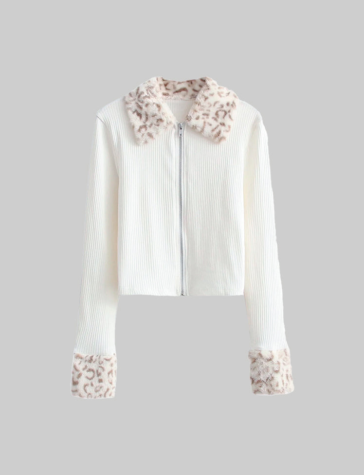 Beige Leopard Lapel Zip Knit Cardigan