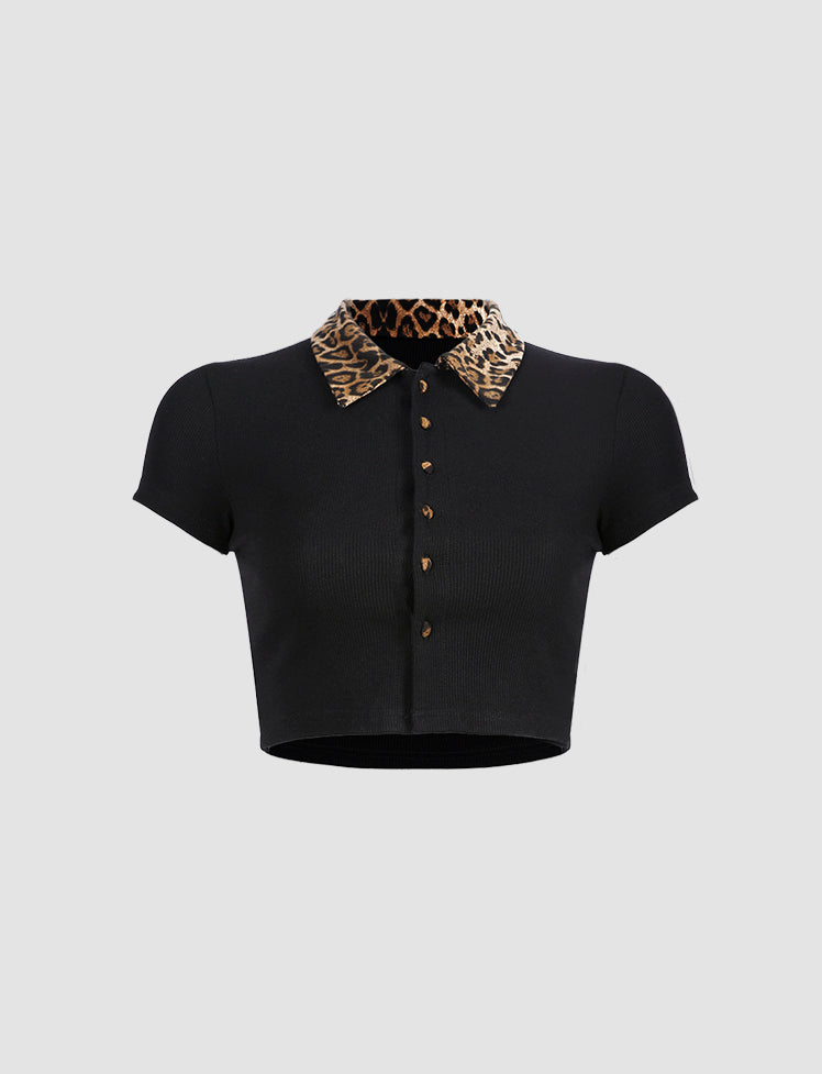 Black leopard collar cropped polo shirt