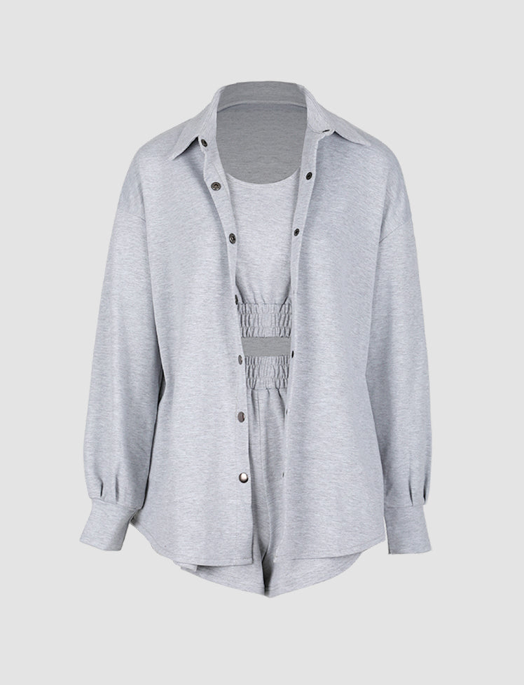 Solid Sweatshirt&Vest&Shorts Three-piece Set