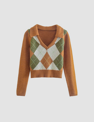 Brown Retro Diamond Check Knit Sweater