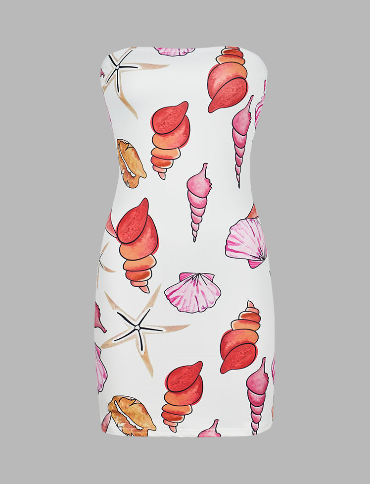 Conch Starfish Print Off Shoulder Dress