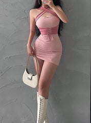 Cross Halter Lace-up Party Bodycon Mini Pink Dress