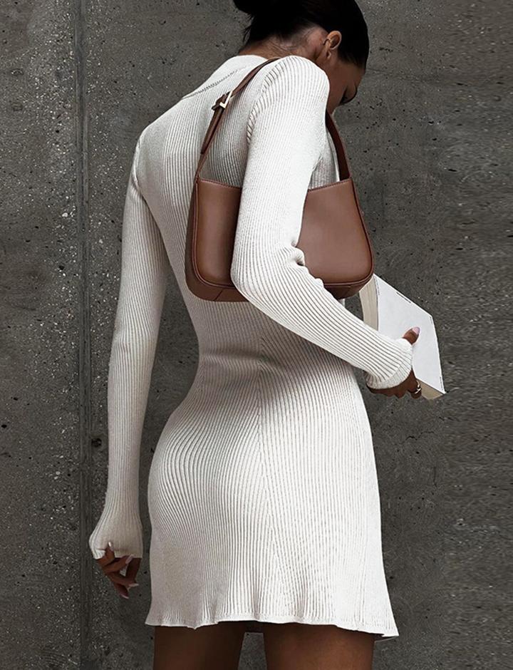 Slim White Long Sleeve Knit Dress