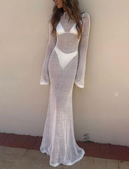 Knitted Long-sleeved Backless   See-through Floor-length Dress