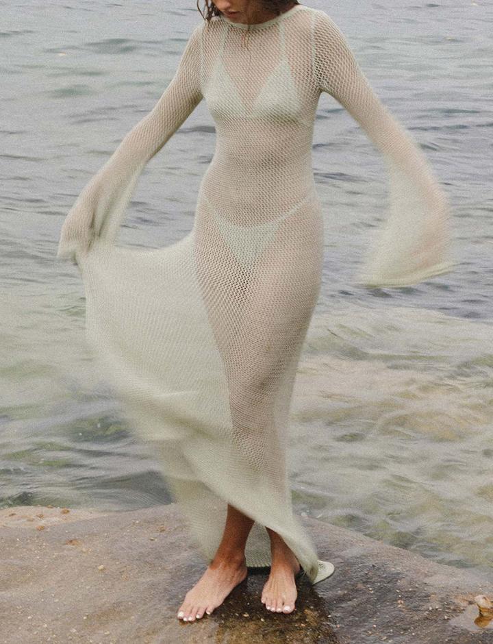 Knitted Long-sleeved Backless   See-through Floor-length Dress