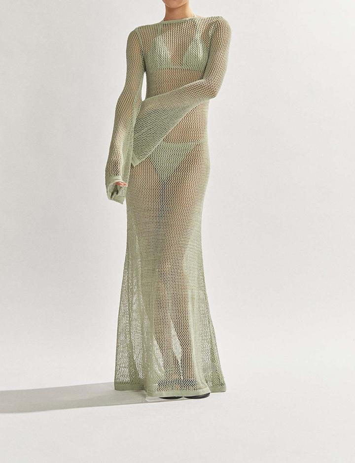 Knitted Long-sleeved Backless   See-through Floor-length Dress