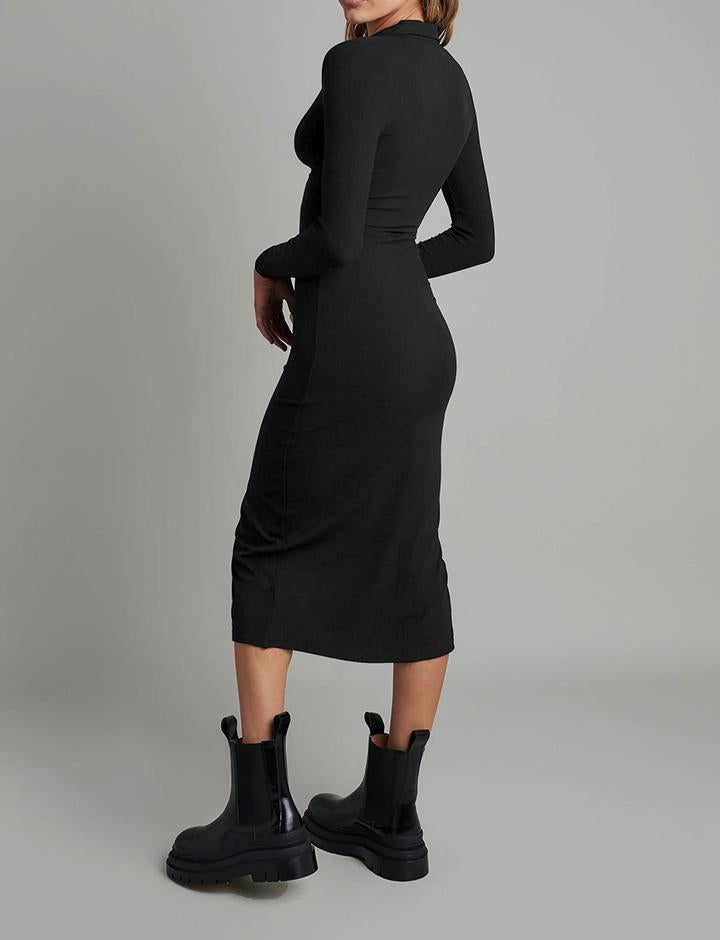 Solid Color   Lapel Long Sleeve Dress