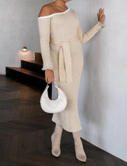 Slim Beige Long Sleeve Knit Dress