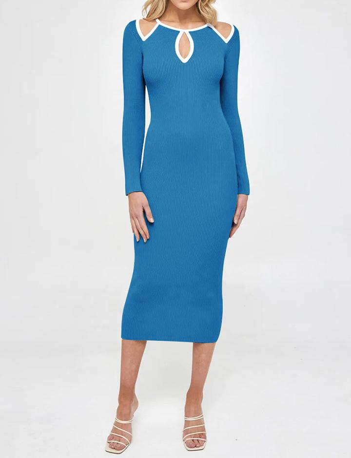 Solid Color Long-sleeved Hollow   Knitted Dress