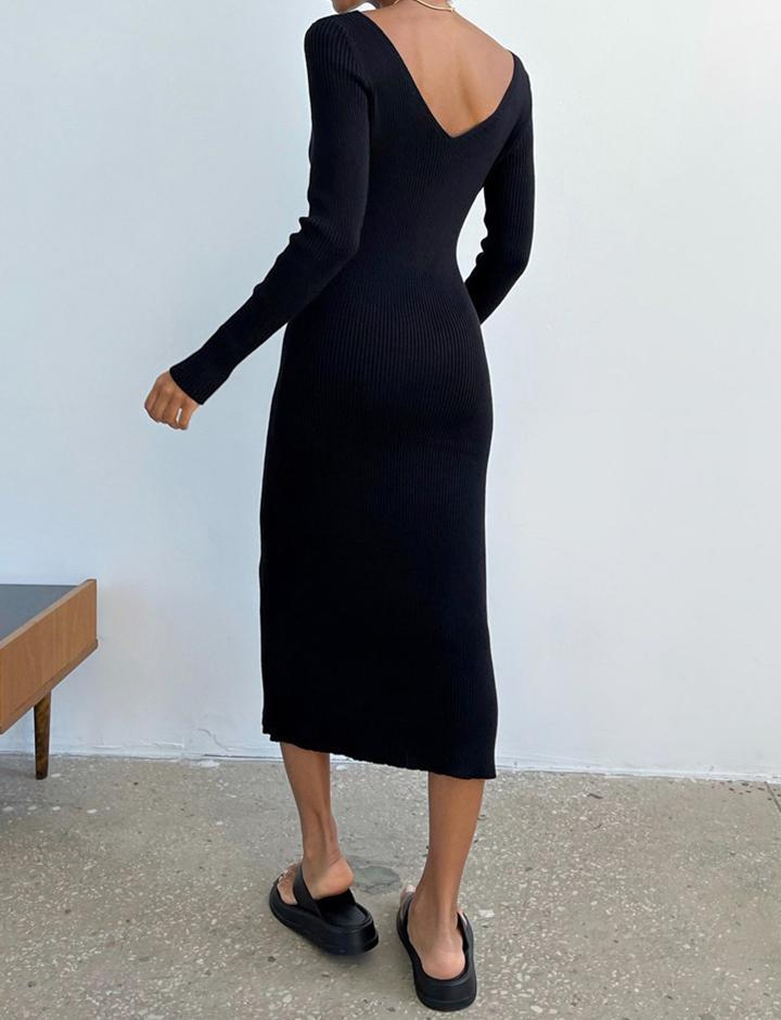 Slim Knitted Long Sleeve V Neck Dress