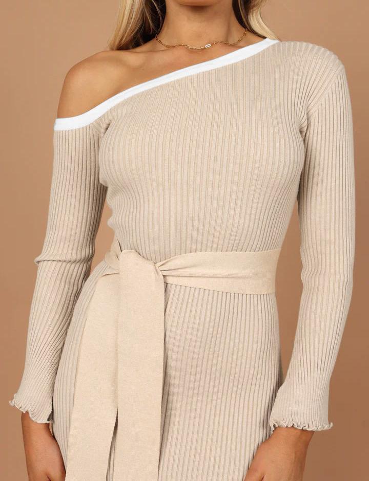 Slim Beige Long Sleeve Knit Dress