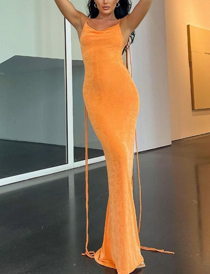 Orange   Slim Dress with Backless Sling Hanging Neck