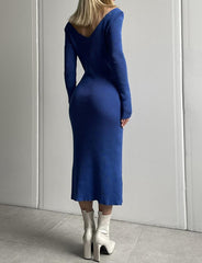 Slim Knitted Long Sleeve V Neck Dress