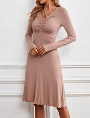 Slim V-neck tie knitted long sleeves Dress