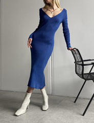 Slim Knitted Long Sleeve V Neck Dress