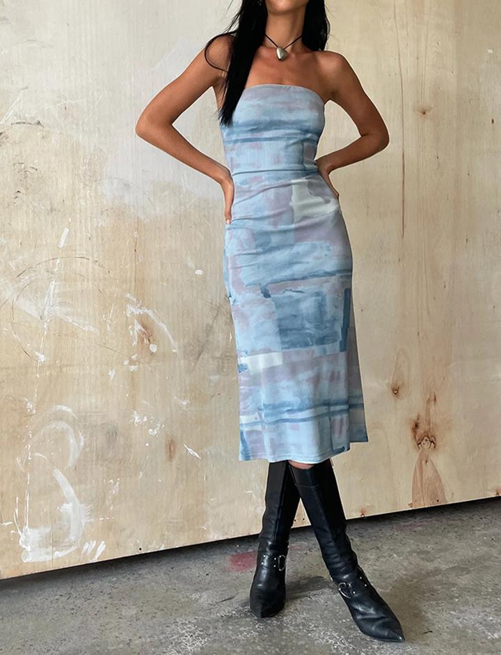 Abstract   Slim Tube Top Dress Blue