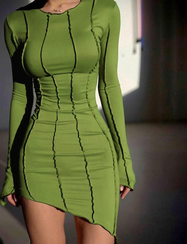 Green Long Sleeve Round Neck   Dress