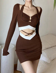 Solid Color Cross Waist Cutout Long Sleeve Dress