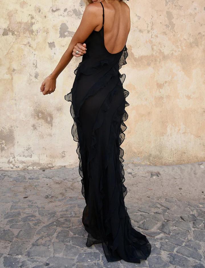 Ruffle Trim Slim Slit Deep V Spaghetti Strapless Backless Maxi Dress