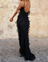 Ruffle Trim Slim Slit Deep V Spaghetti Strapless Backless Maxi Dress