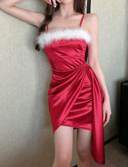 One-shoulder   Satin Fur Mosaic Suspender Dress