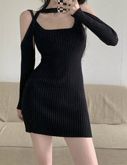 Solid Color Rib Knit Mini Dress