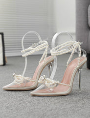 Pearl Strap Bowknot Pointed Toe Court Shoe