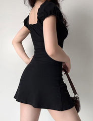 Retro Hollow Lace Square Neck Puff Sleeve Black Dress with Wooden Ears