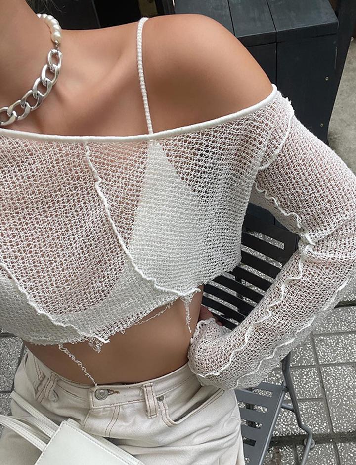 Off Shoulder Lettuce Edge Crochet Super Crop Top