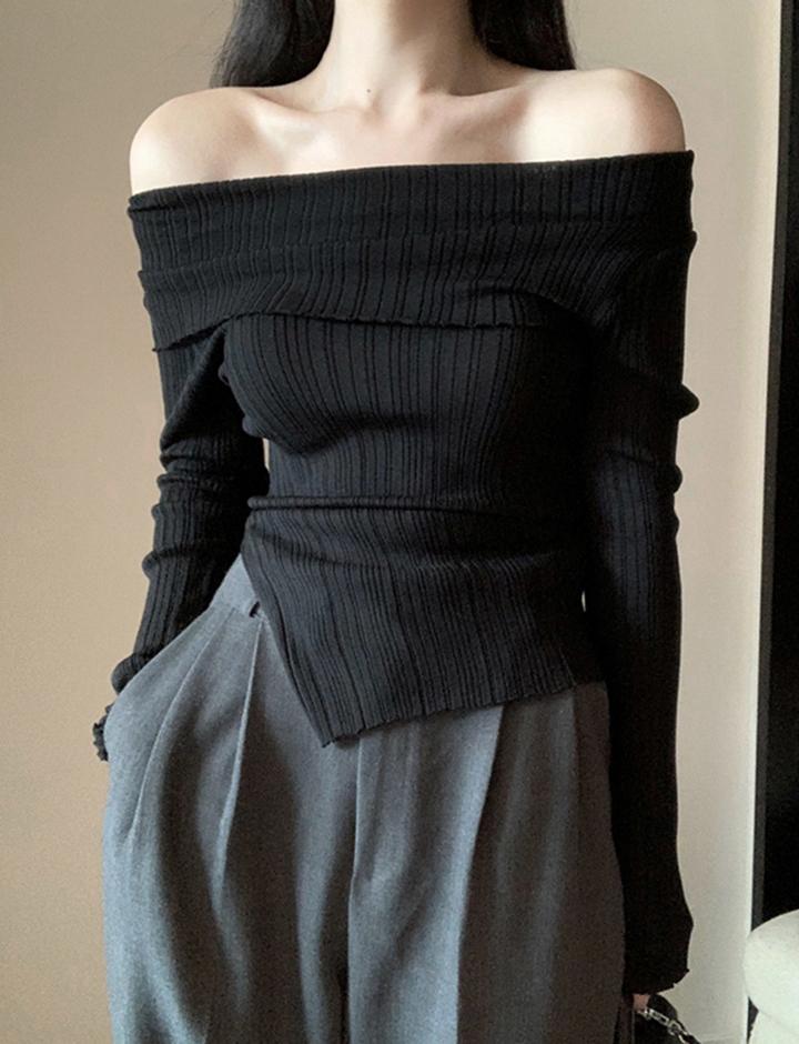 Asymmetrical Rib Knit Long Sleeve One shoulder top