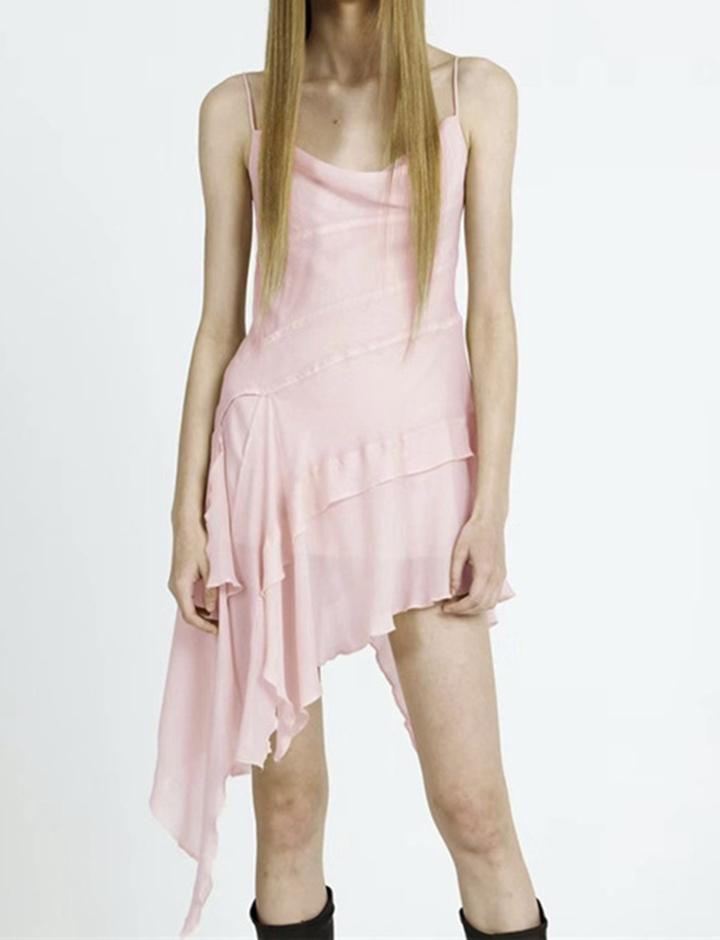 Ruffle Irregular Hem Slim   Camisole   Backless Dress