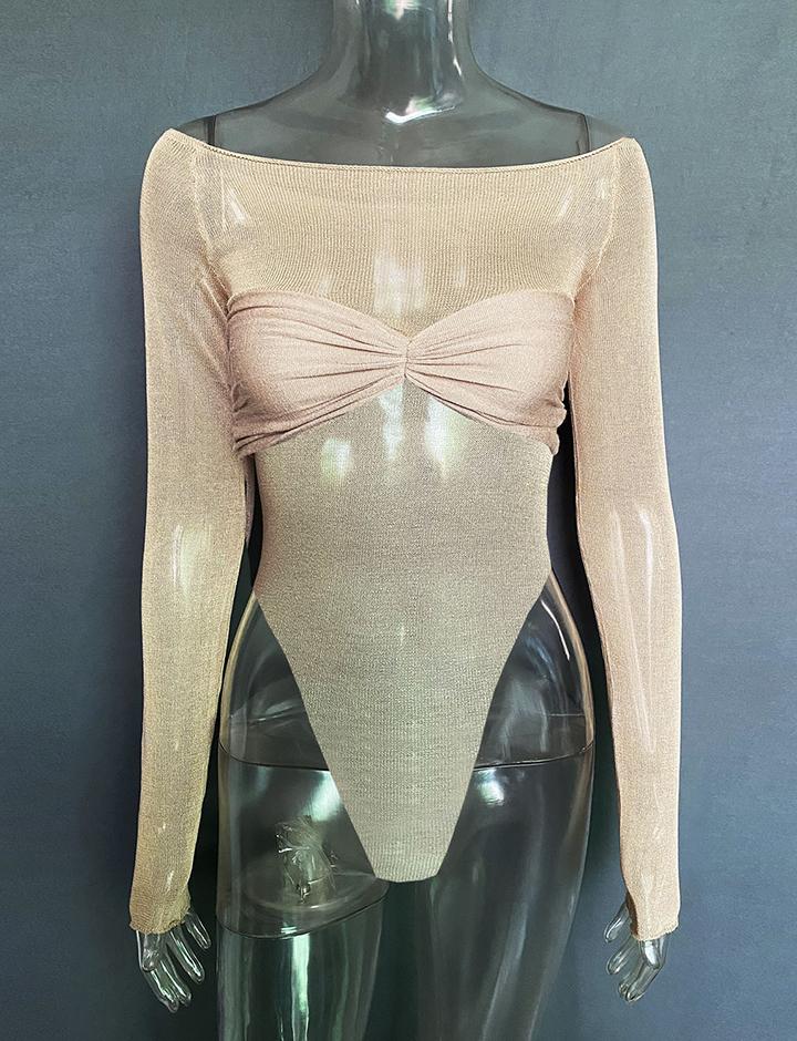 See-through Off-the-shoulder Long-sleeved Bodysuit