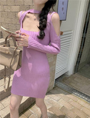 Solid Color Rib Knit Mini Dress